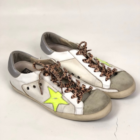 Golden Goose Shoes - Golden Goose Super Star Leather Sneakers White Neon Yellow Leopard Laces Size 39